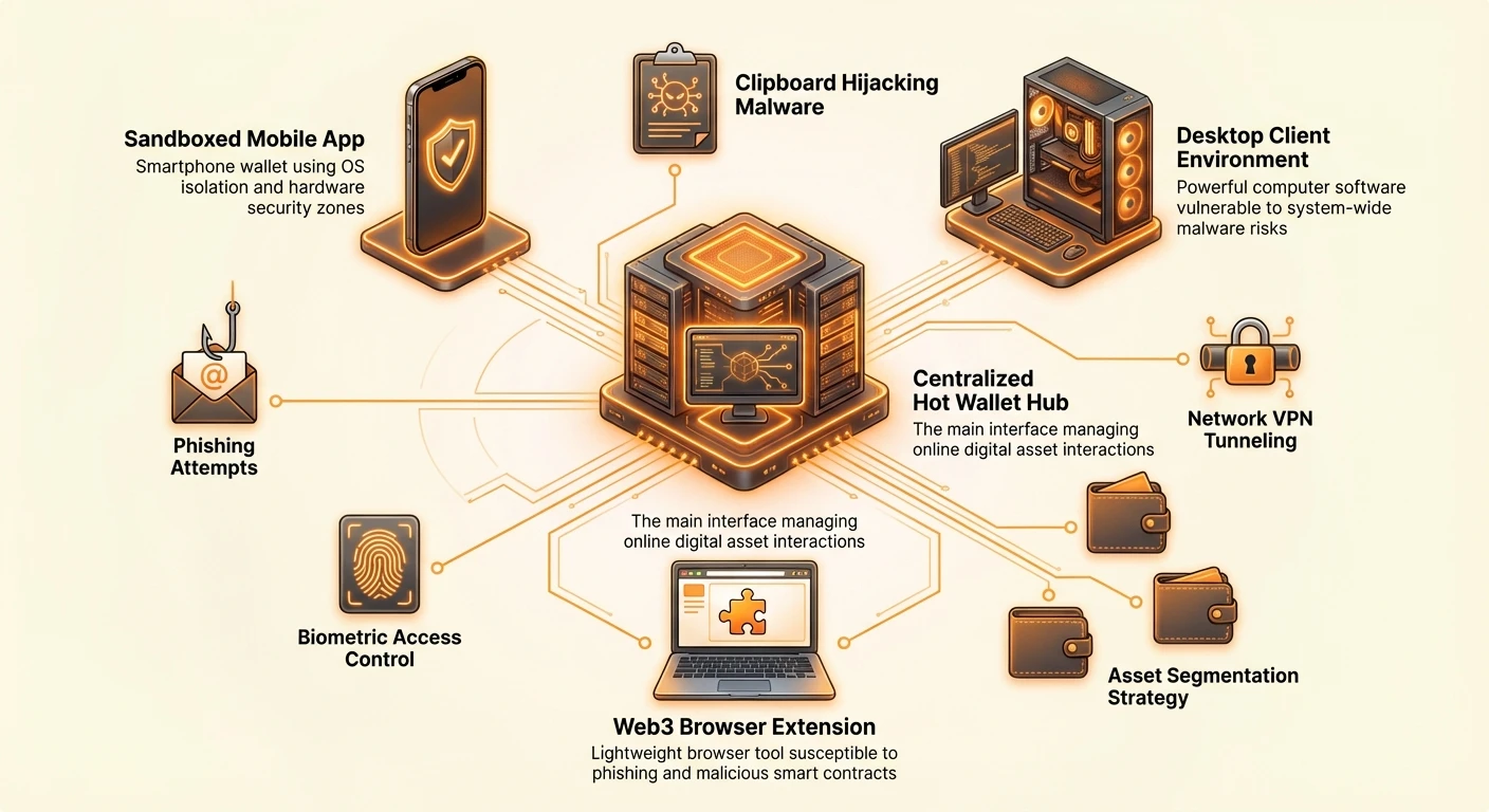 Infographic showing central hot wallet hub linked to sandboxed mobile app, desktop client, and web3 browser extension, with threats like phishing and malware, plus defenses including biometrics, VPN, and asset segmentation.