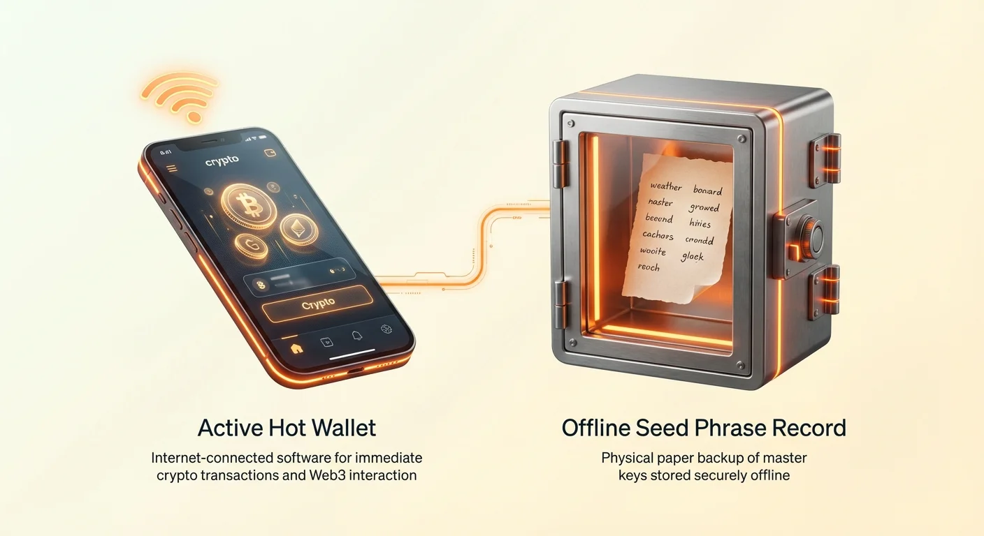 Simple diagram showing the vital connection between an internet-connected active hot wallet for crypto transactions and its secure offline seed phrase backup on paper.