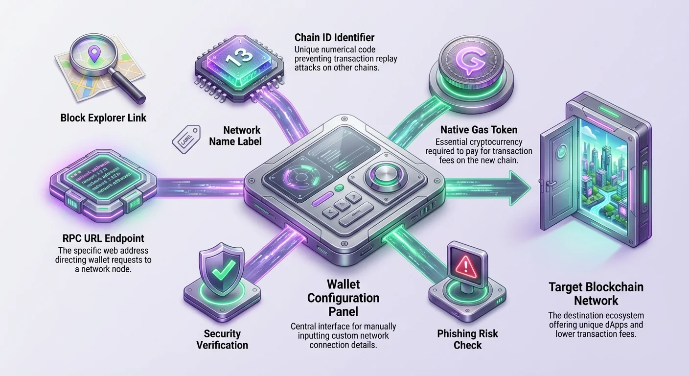 Detailed infographic showing central wallet configuration panel with inputs for RPC URL, Chain ID, native gas token, block explorer, and security checks connecting to target blockchain network.
