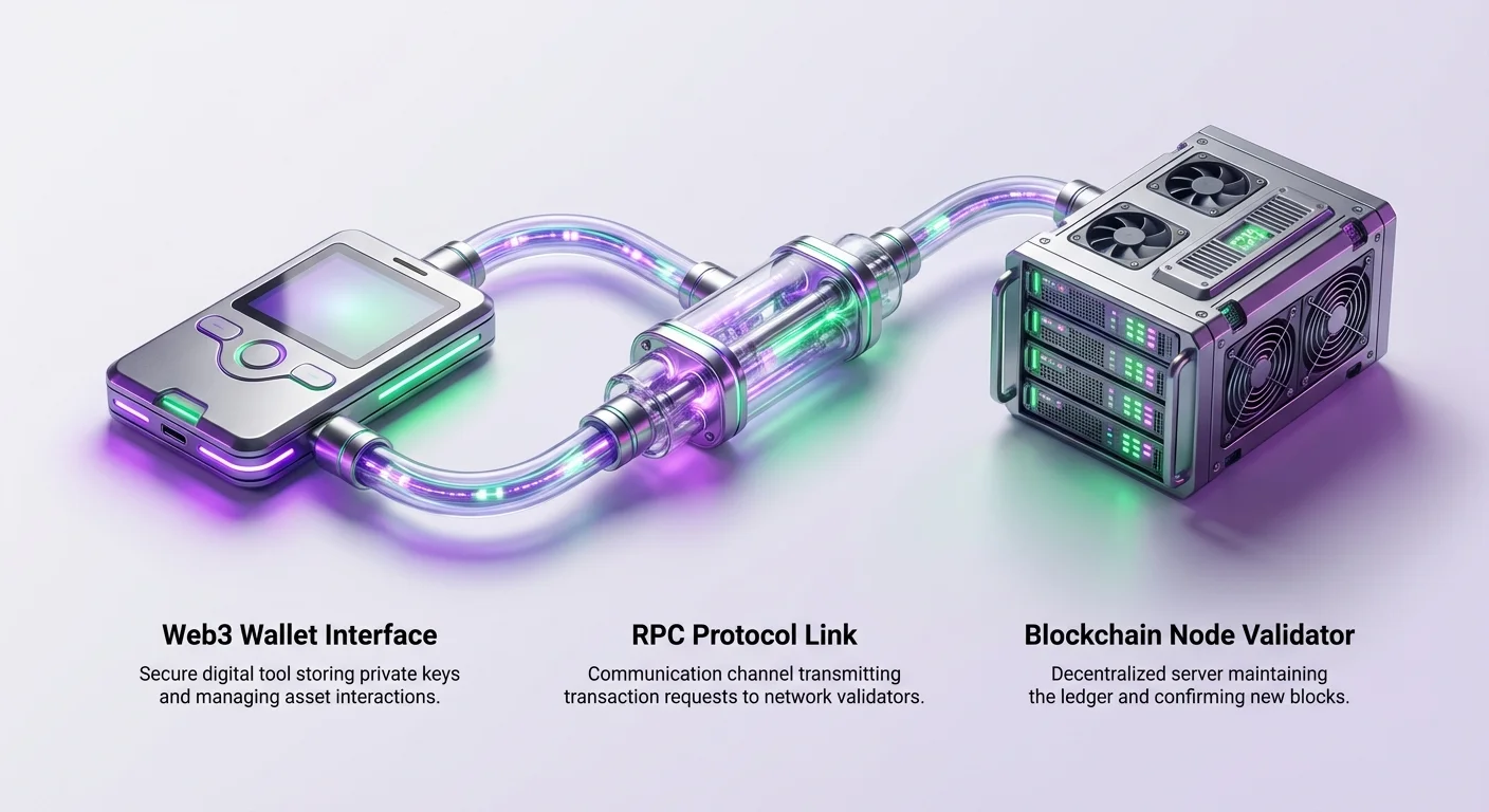 High-level infographic showing Web3 wallet connected via RPC protocol link to blockchain node validator for custom network configuration.