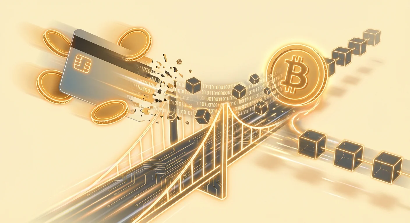 Dynamic thumbnail showing traditional fiat money crossing a bridge to transform into digital crypto assets, illustrating the fiat on-ramp concept.