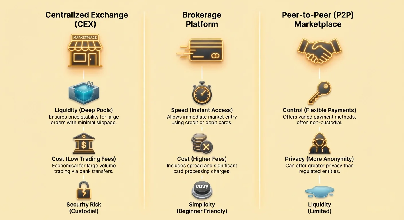 Side-by-side chart comparing three crypto fiat on-ramp methods by liquidity, speed, cost, control, and security to help choose the best option.