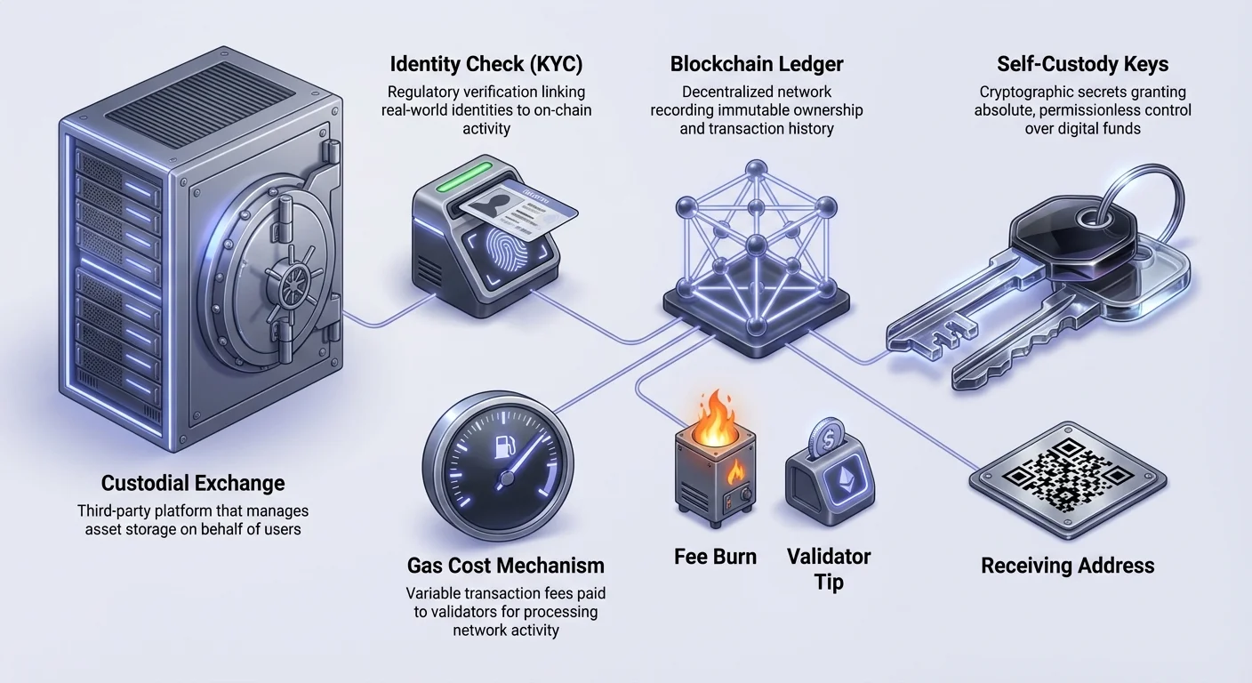 Infographic comparing custodial exchanges and self-custody keys for buying Ethereum, with KYC, gas costs including burn and validator tips, blockchain ledger, and receiving address details.