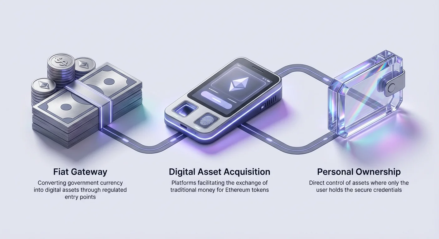 Simple infographic flowchart for buying Ethereum: Fiat Gateway converting fiat to digital assets, Digital Asset Acquisition exchanging money for ETH, Personal Ownership with user credentials. Purple-glowing icons in horizontal flow.