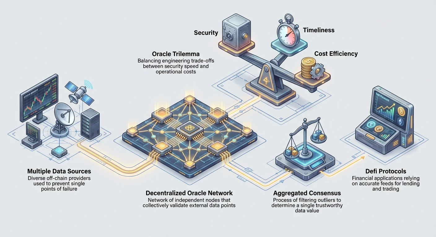 Infographic depicting Decentralized Oracle Network flow from multiple data sources via aggregated consensus to DeFi protocols, centered on Oracle Trilemma balancing security, timeliness, and cost efficiency.