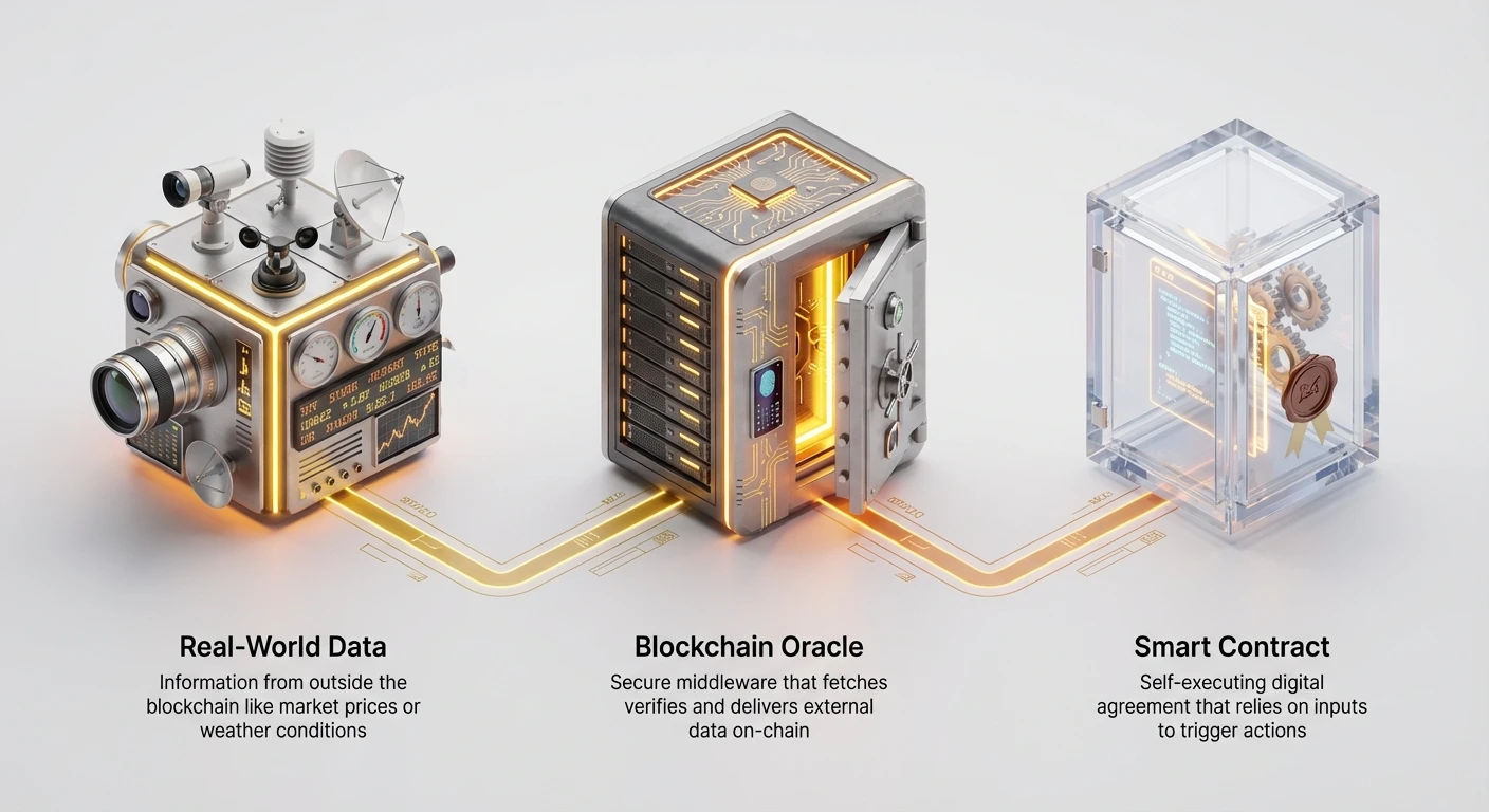 Infographic depicting real-world data like market prices or weather flowing through a blockchain oracle to smart contracts, enabling secure on-chain actions.