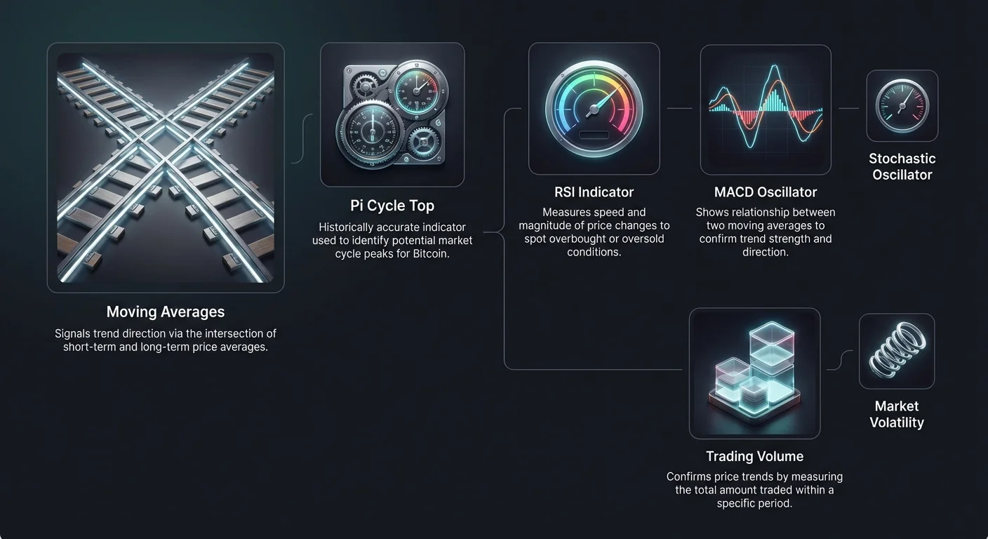 Infographic detailing crypto trading tools: Moving Averages, Pi Cycle Top, RSI, MACD, Trading Volume, Stochastic Oscillator, and Market Volatility, organized by trend, momentum, and market context.