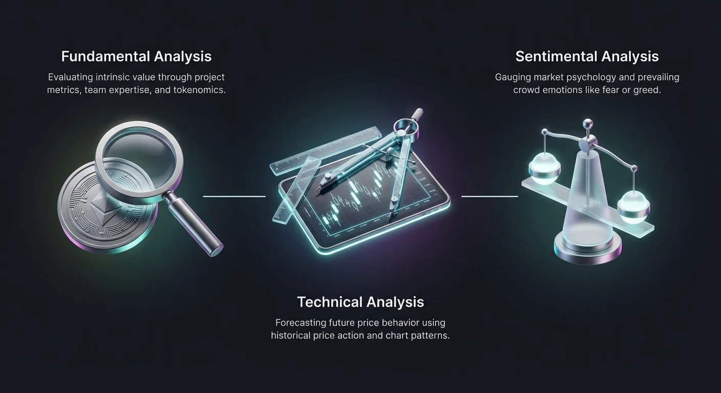 Infographic showing three pillars of crypto trading: fundamental analysis evaluating project metrics and tokenomics, technical analysis forecasting prices via charts, sentimental analysis gauging market fear and greed.