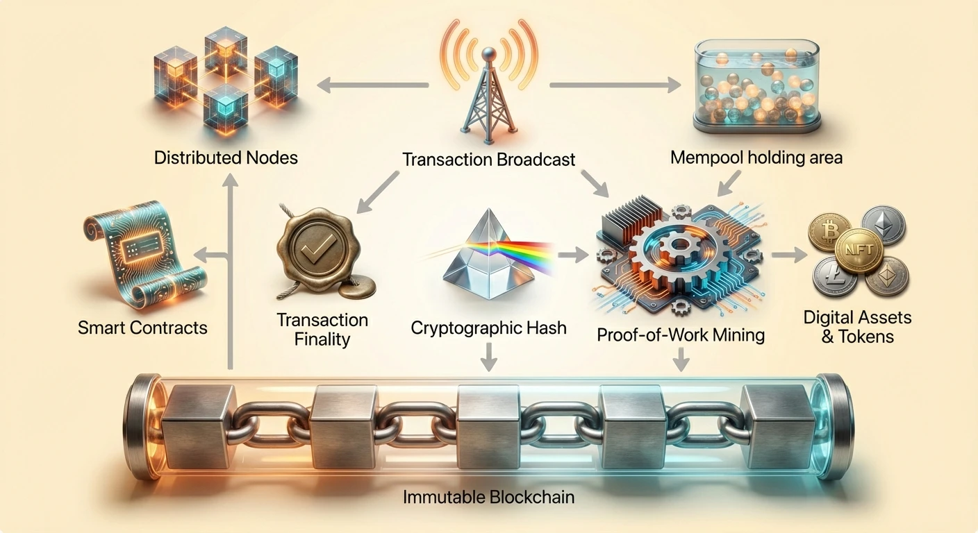 Detailed infographic showing architecture of digital trust: transaction broadcast, mining, immutable blockchain recording, and features like smart contracts and tokens.