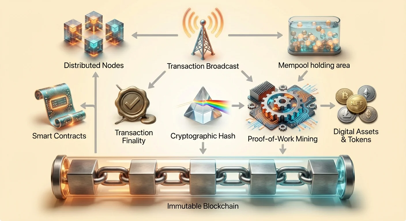 Detailed infographic showing architecture of digital trust: transaction broadcast, mining, immutable blockchain recording, and features like smart contracts and tokens.