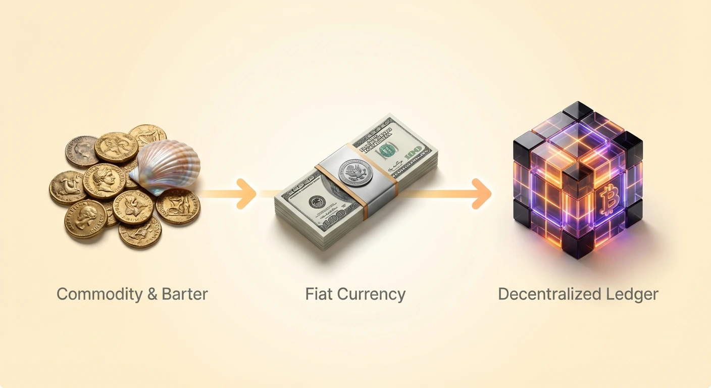 Infographic depicting the historical evolution of value exchange, progressing from barter systems and fiat currency to decentralized ledgers like blockchain.