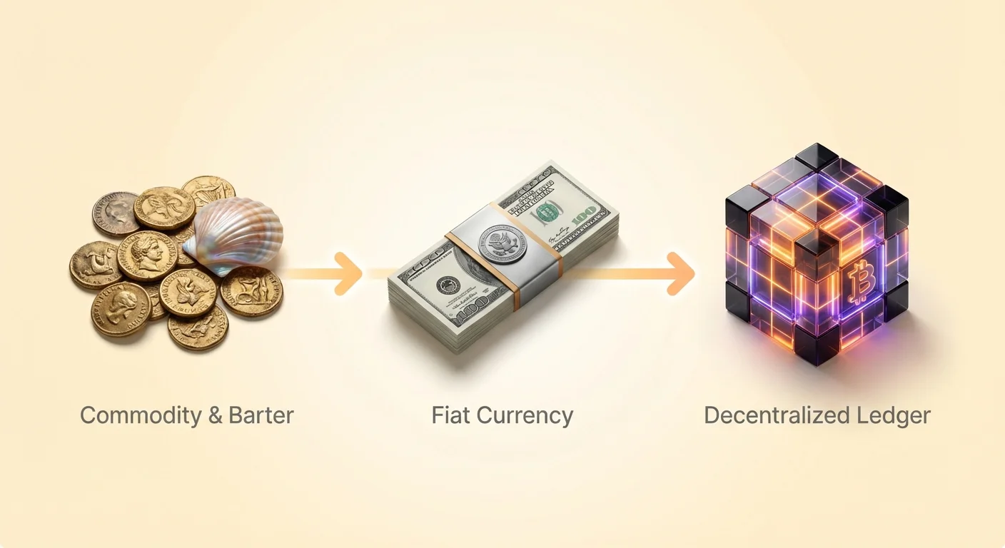 Infographic depicting the historical evolution of value exchange, progressing from barter systems and fiat currency to decentralized ledgers like blockchain.