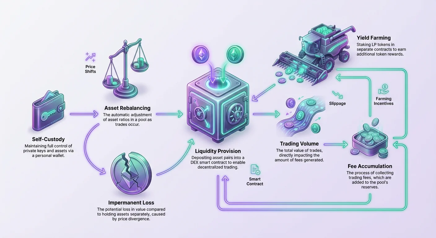 Detailed diagram illustrating liquidity provision flow in DeFi, impermanent loss risks, and mitigation strategies like yield farming.