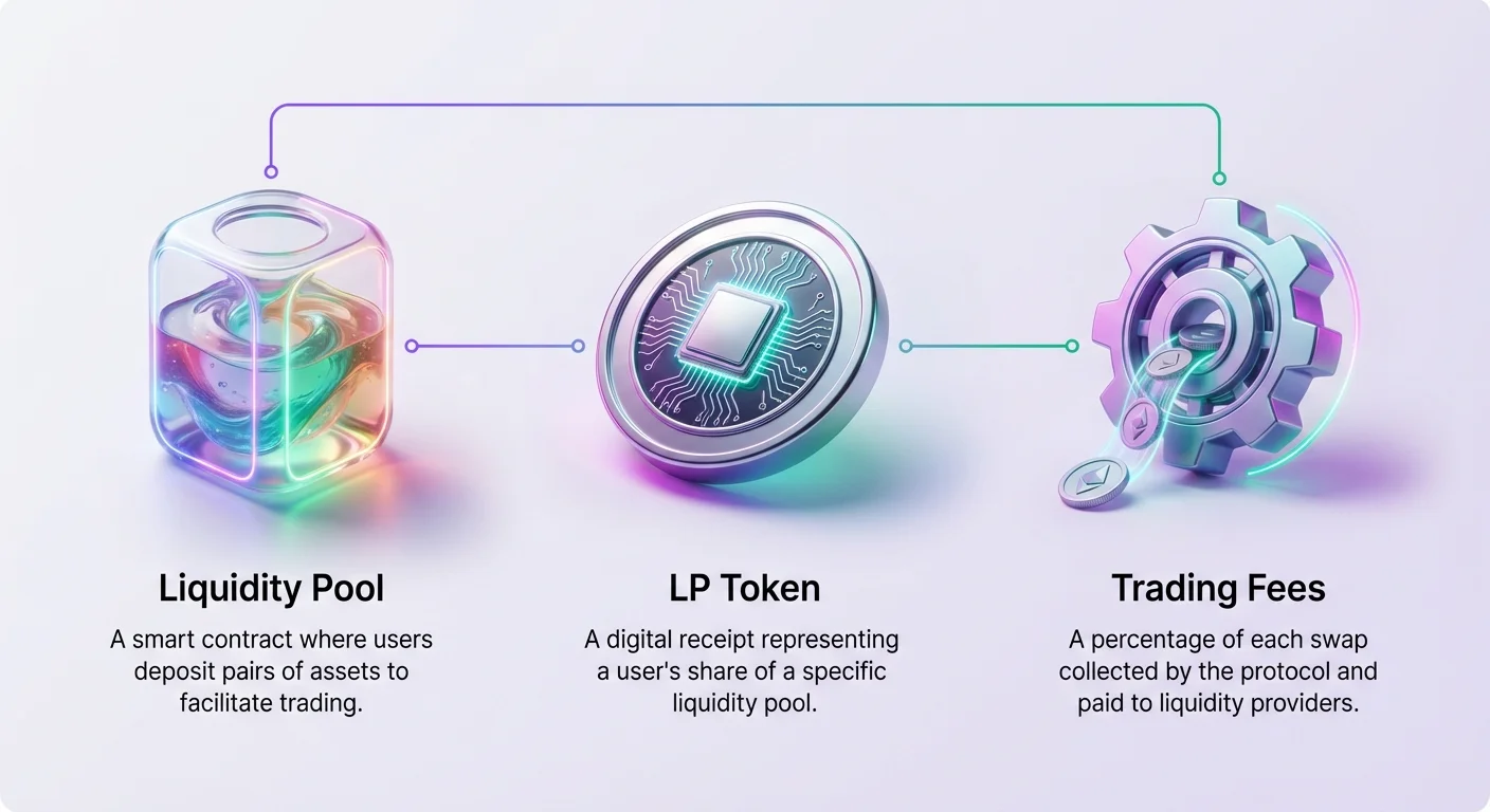 Simple infographic overview introducing basic components of liquidity provision in DeFi, related to impermanent loss mitigation strategies.