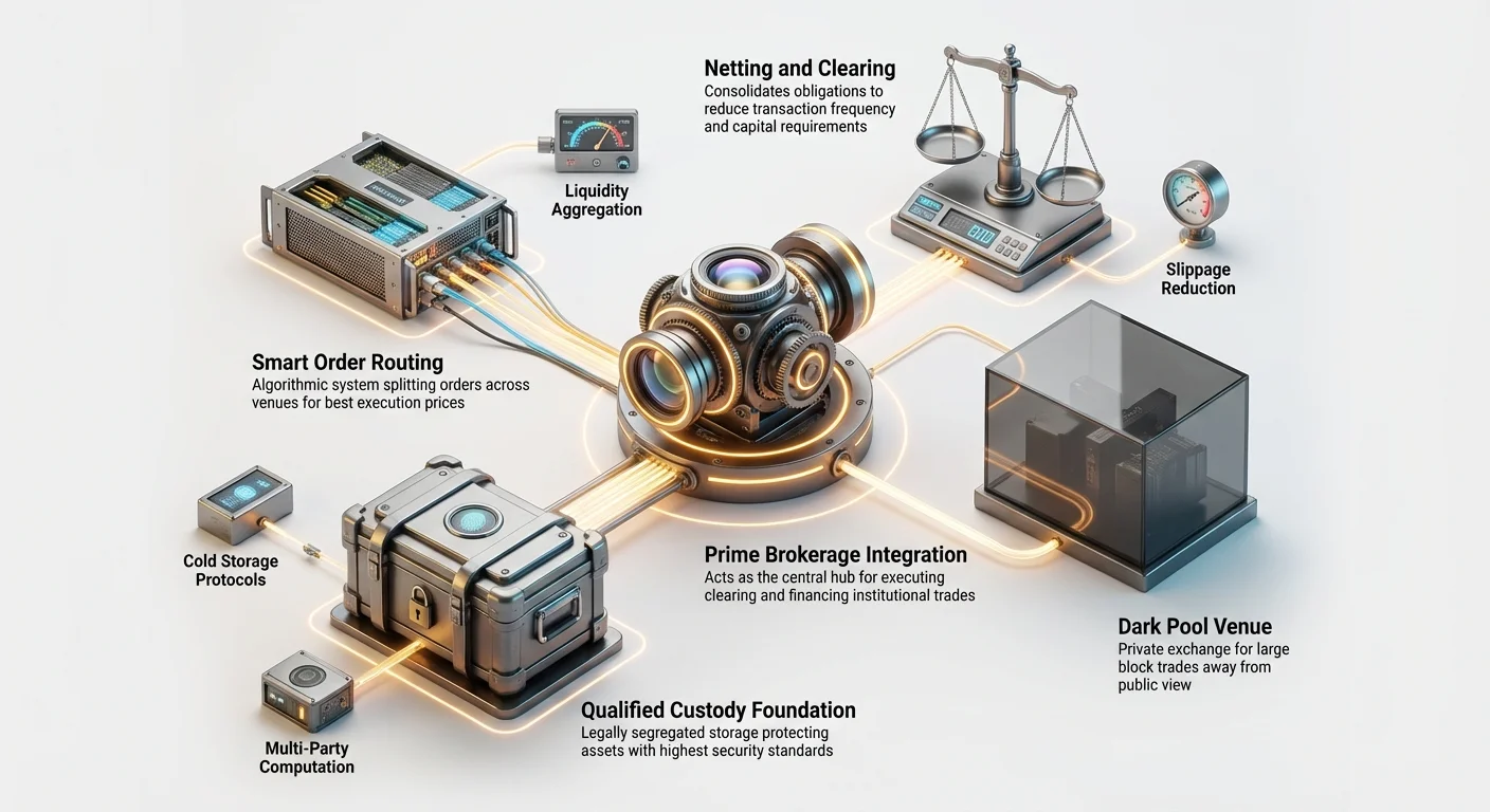 Detailed hub-and-spoke infographic of institutional crypto trading infrastructure, showing prime brokerage, qualified custody, smart order routing, dark pools, netting, clearing, and protocols for cold storage, multi-party computation, liquidity, and slippage reduction.