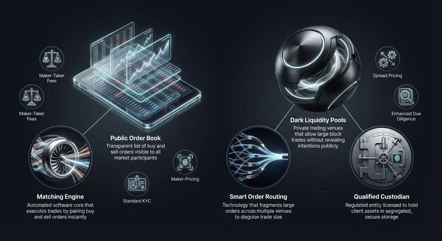 Infographic comparing retail exchange mechanisms like public order book, matching engine, maker-taker fees, and standard KYC with institutional dark liquidity pools, smart order routing, qualified custodian, spread pricing, and enhanced due diligence.