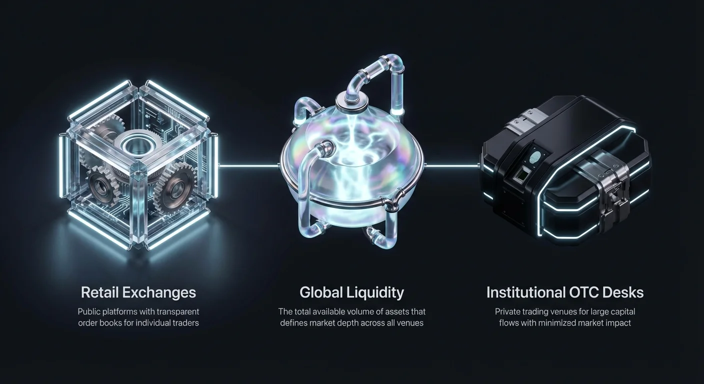 Infographic overview contrasting public retail exchanges with transparent order books, private institutional OTC desks for large trades, and connecting global liquidity.