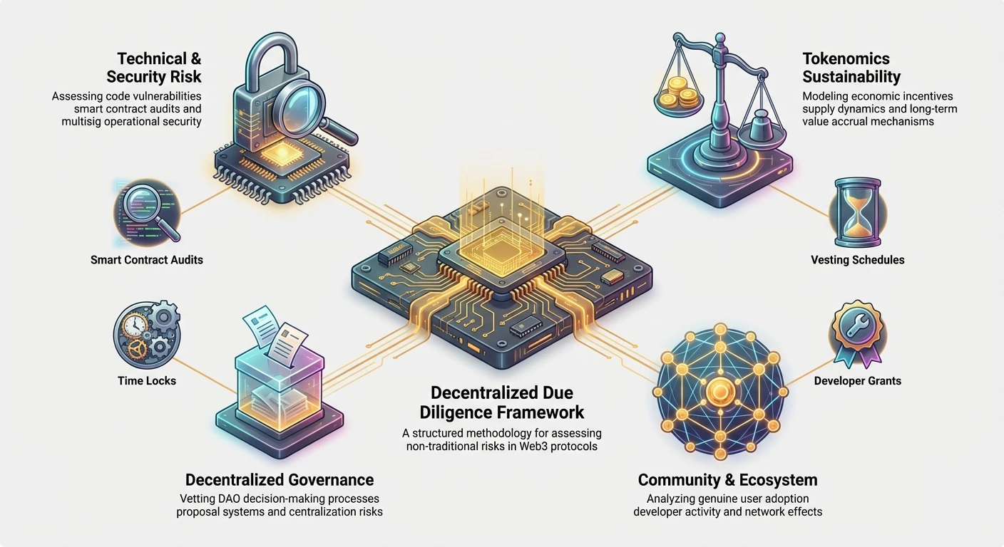 Detailed diagram illustrating the Decentralized Due Diligence Framework, divided into four core risk pillars with supporting details for each category.