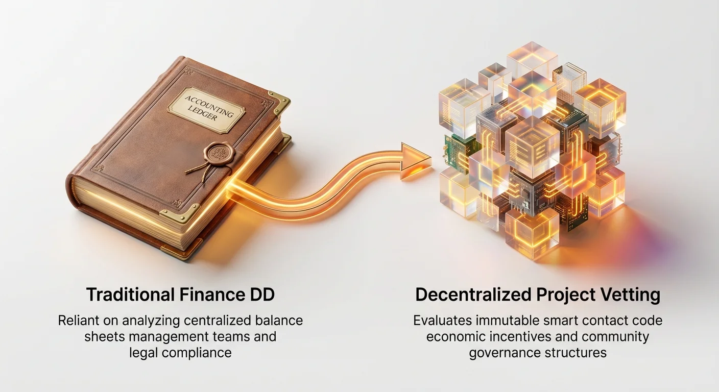 High-level infographic contrasting traditional finance due diligence process with the new decentralized approach for institutional frameworks.