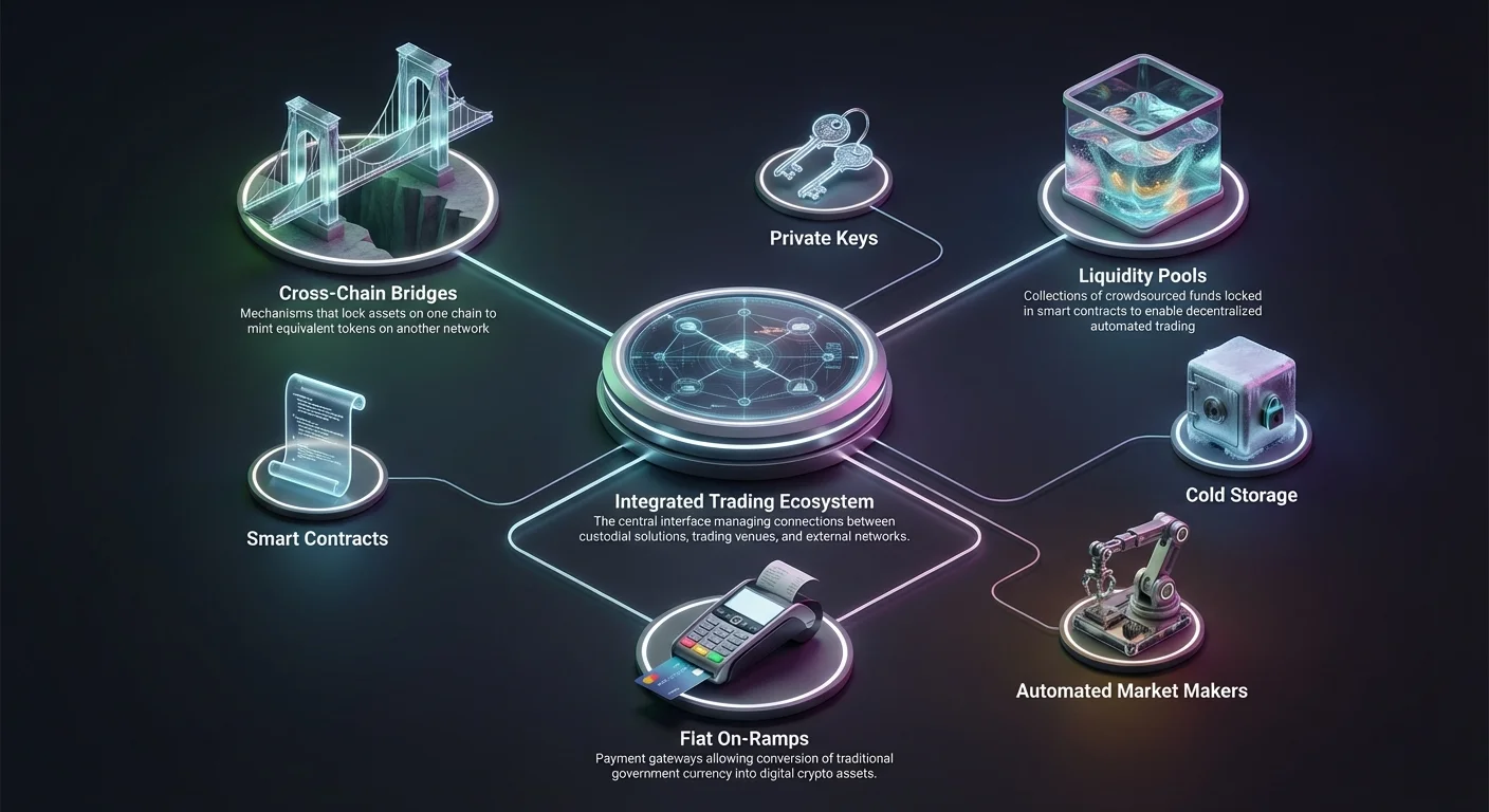 Detailed diagram illustrating the central Integrated Trading Ecosystem hub connecting custodial solutions, on-ramps, bridges, liquidity pools, and decentralized protocols.