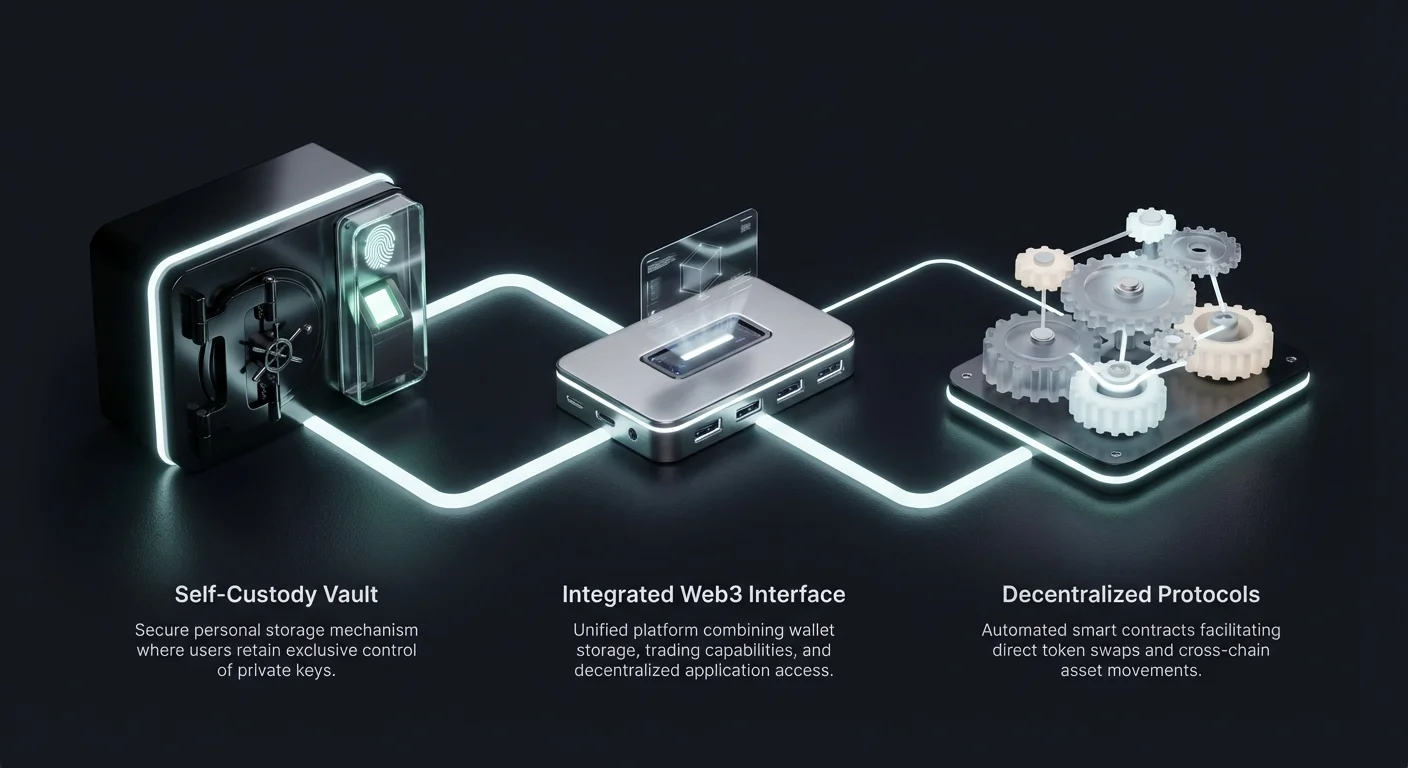 High-level infographic showing three core components of integrated trading ecosystem: secure storage, central interface hub, and decentralized protocol access.