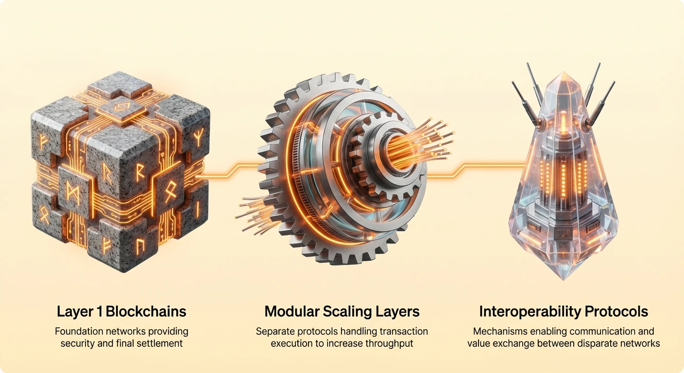 High-level infographic of blockchain evolution: Layer 1 foundations for security and settlement, modular scaling layers for transaction execution and throughput, interoperability protocols for cross-network communication and value exchange.
