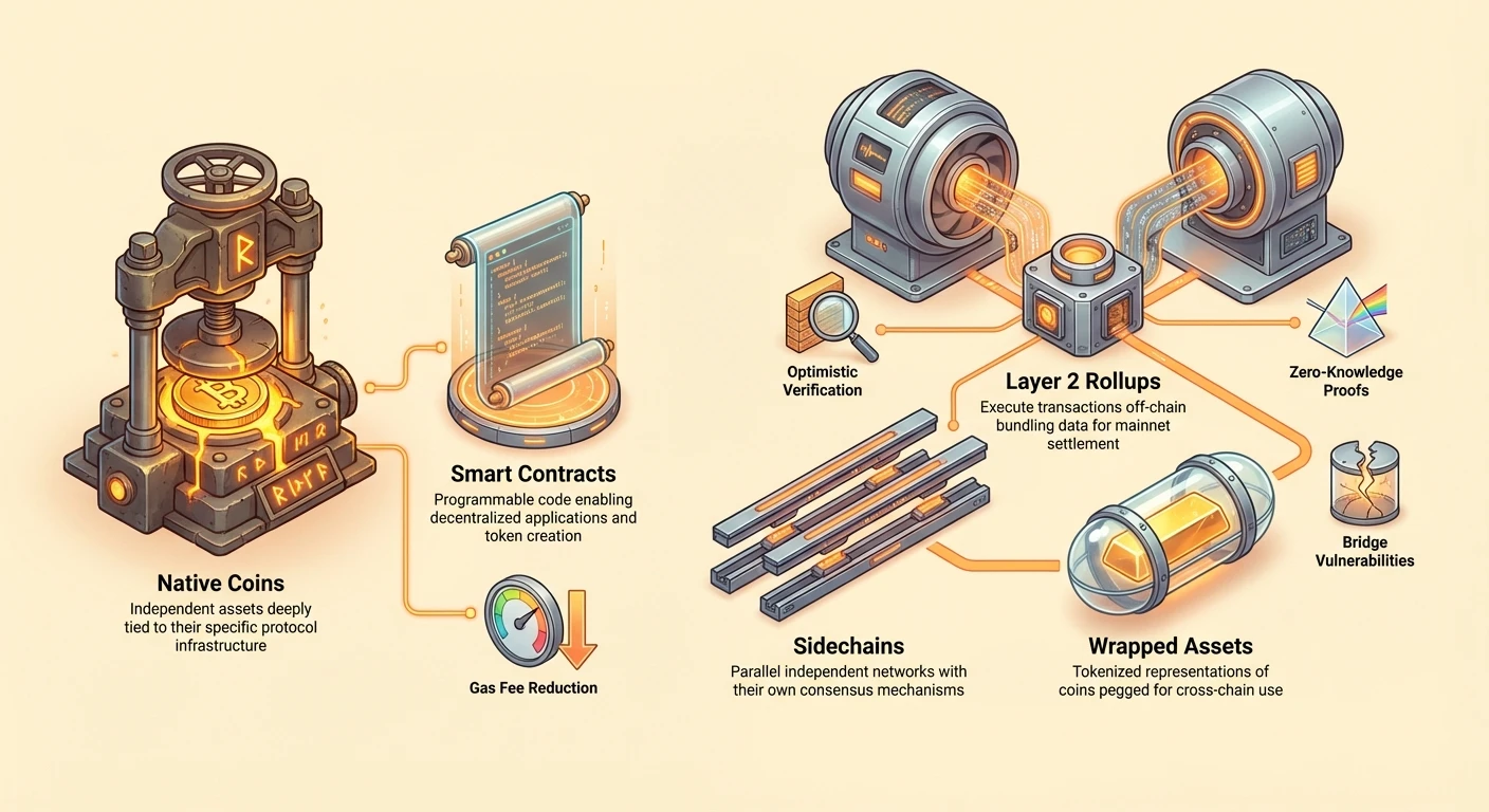 Detailed infographic comparing blockchain foundations like native coins and smart contracts to modular tools including Layer 2 rollups, sidechains, wrapped assets, and optimizations like gas reduction and proofs.