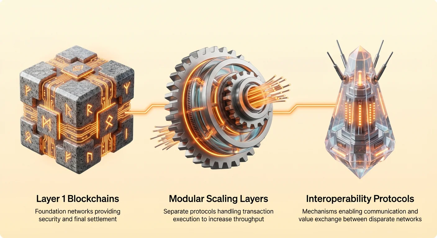 High-level infographic of blockchain evolution: Layer 1 foundations for security and settlement, modular scaling layers for transaction execution and throughput, interoperability protocols for cross-network communication and value exchange.
