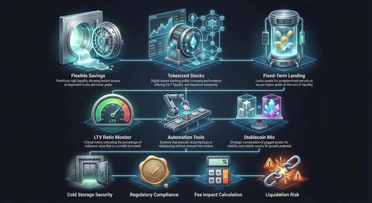 Detailed infographic organizing investor strategies along a risk-liquidity spectrum, with supporting tools and foundational risk management factors.