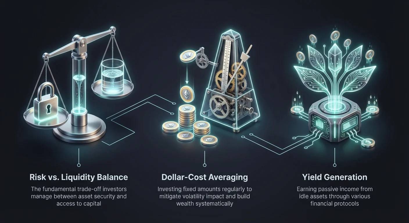 High-level infographic summarizing investor strategy: balancing risk and liquidity, Dollar-Cost Averaging as foundation, and goal of generating yield.