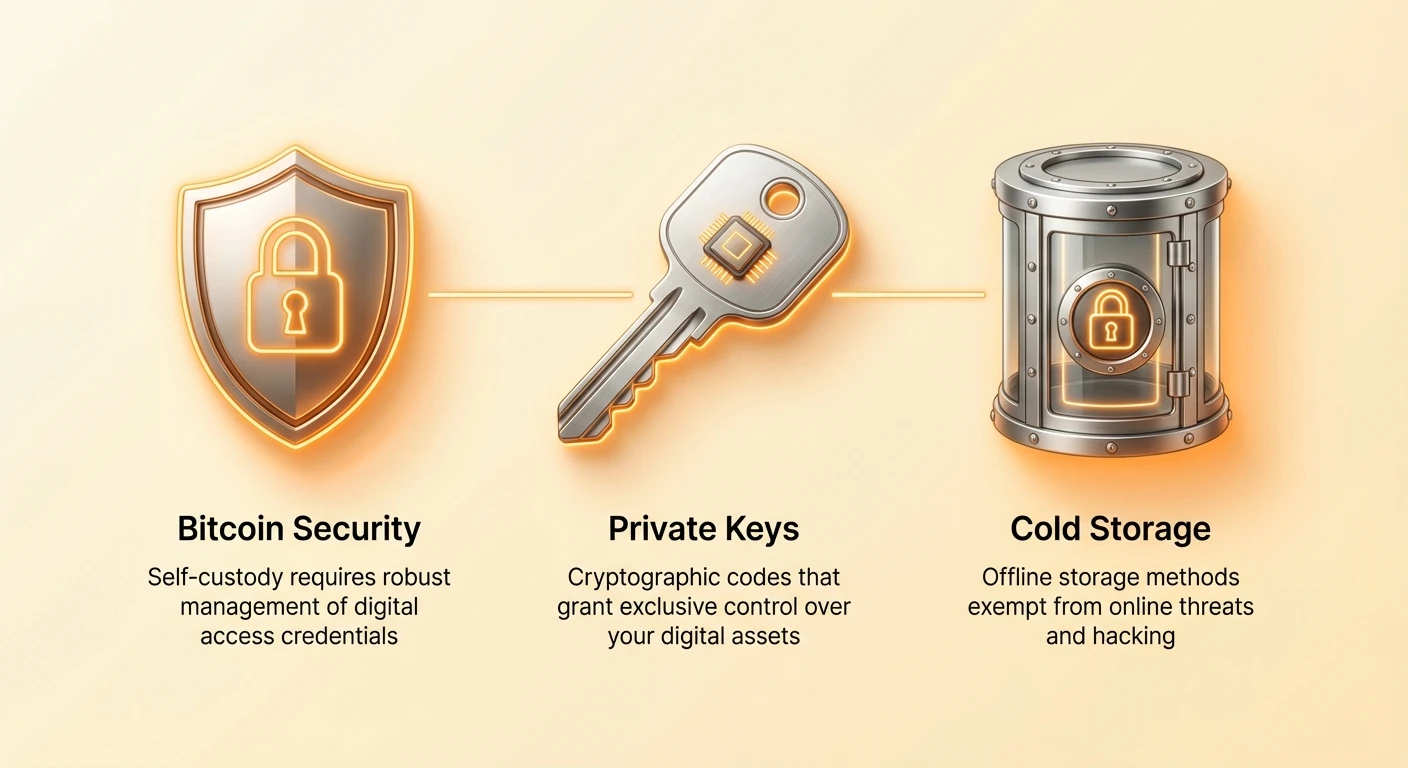 Simple infographic summarizing the three core pillars of cryptocurrency security for effective key management.