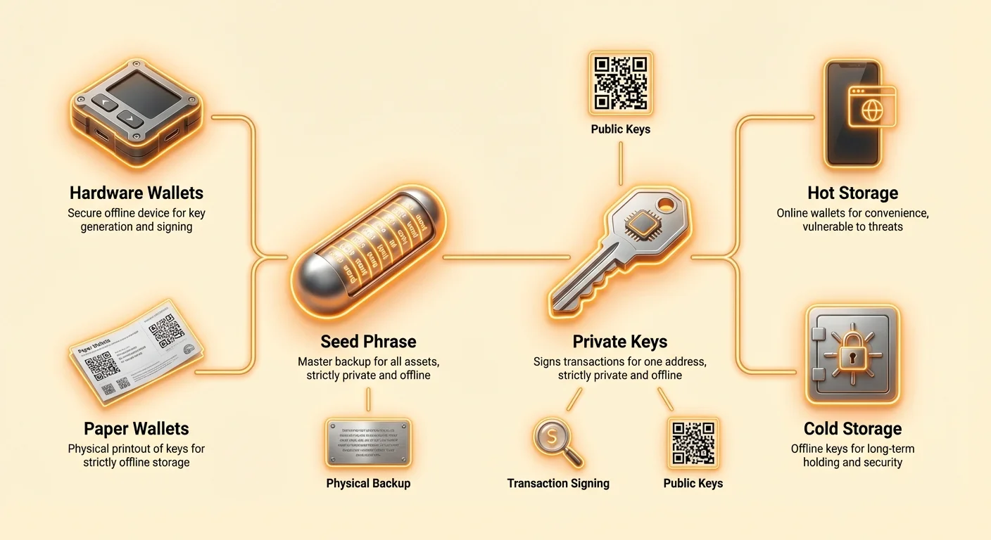 Infographic diagram illustrating cryptocurrency key hierarchy from master seed phrase to public keys, with various storage methods and wallet types.
