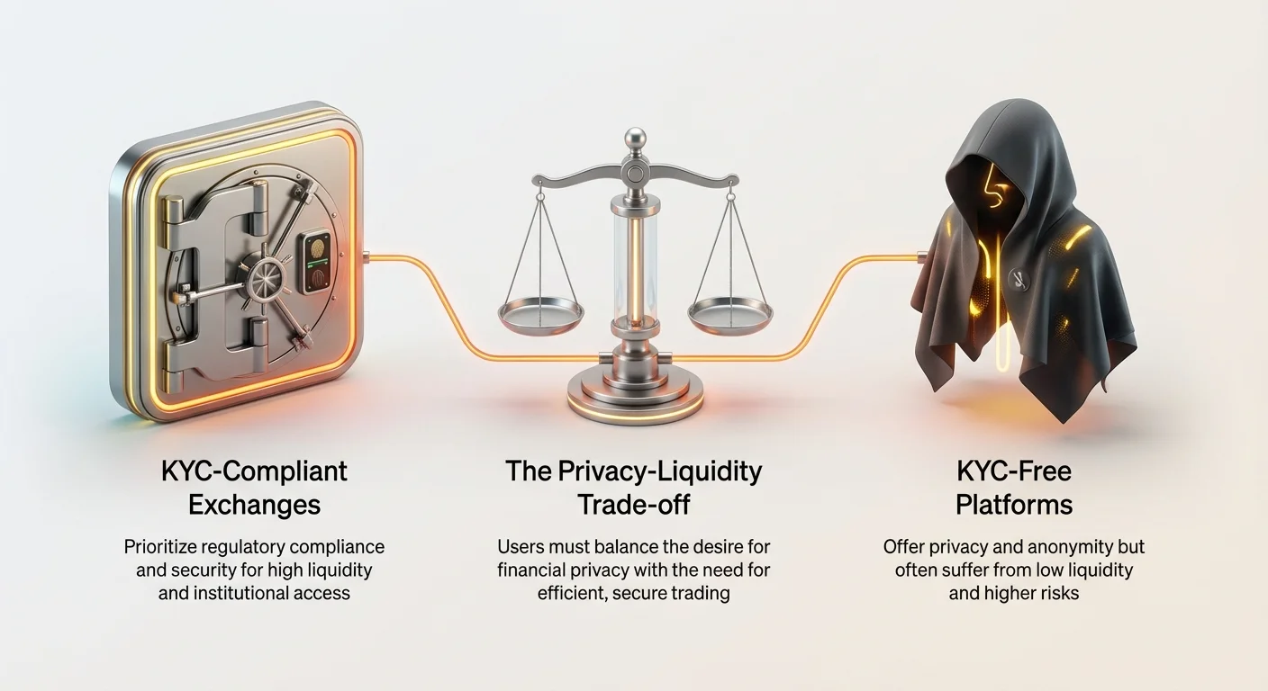 Infographic overview contrasting KYC-compliant exchanges with high liquidity and security against KYC-free platforms offering privacy but facing low liquidity and higher risks, emphasizing the trade-off.