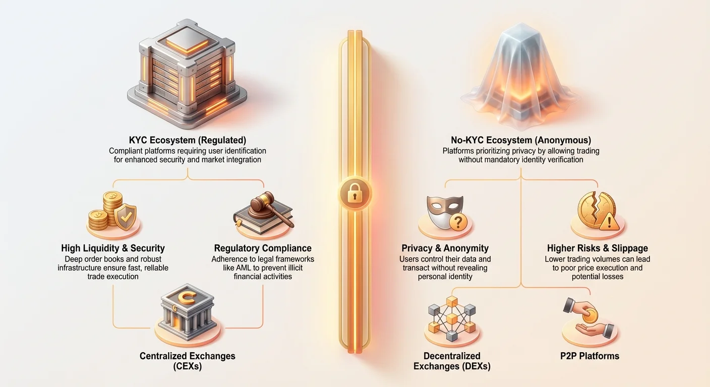 Split-view infographic comparing KYC-regulated crypto ecosystems with high liquidity, security, and compliance to anonymous no-KYC platforms offering privacy but higher risks and slippage. Lists CEXs, DEXs, P2P.