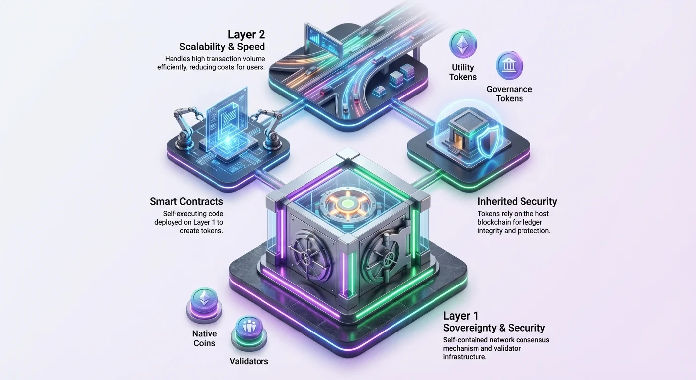Detailed infographic showing functions, relationships, and trade-offs between Layer 1 and Layer 2 solutions, including inherited security and scalability concepts.
