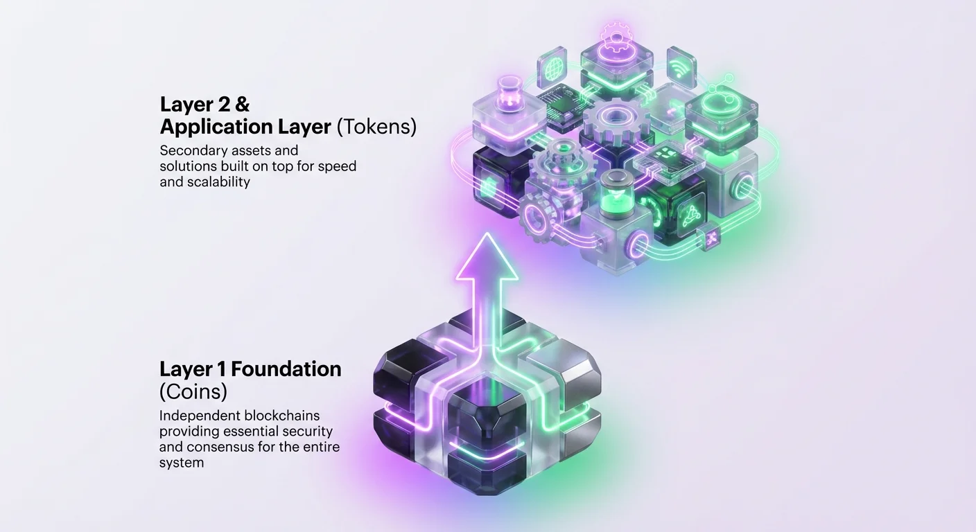 Simple infographic overview showing Layer 1 as the foundational base with Layer 2 and upper layers built on top for scalability hierarchy.