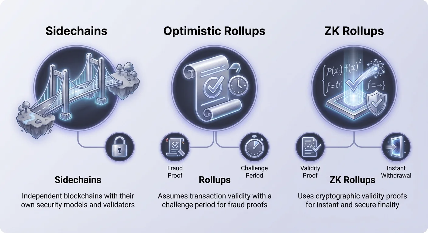 Infographic comparing Ethereum scaling: sidechains with independent security, optimistic rollups using fraud proofs and challenge periods, ZK rollups with validity proofs and instant withdrawals.