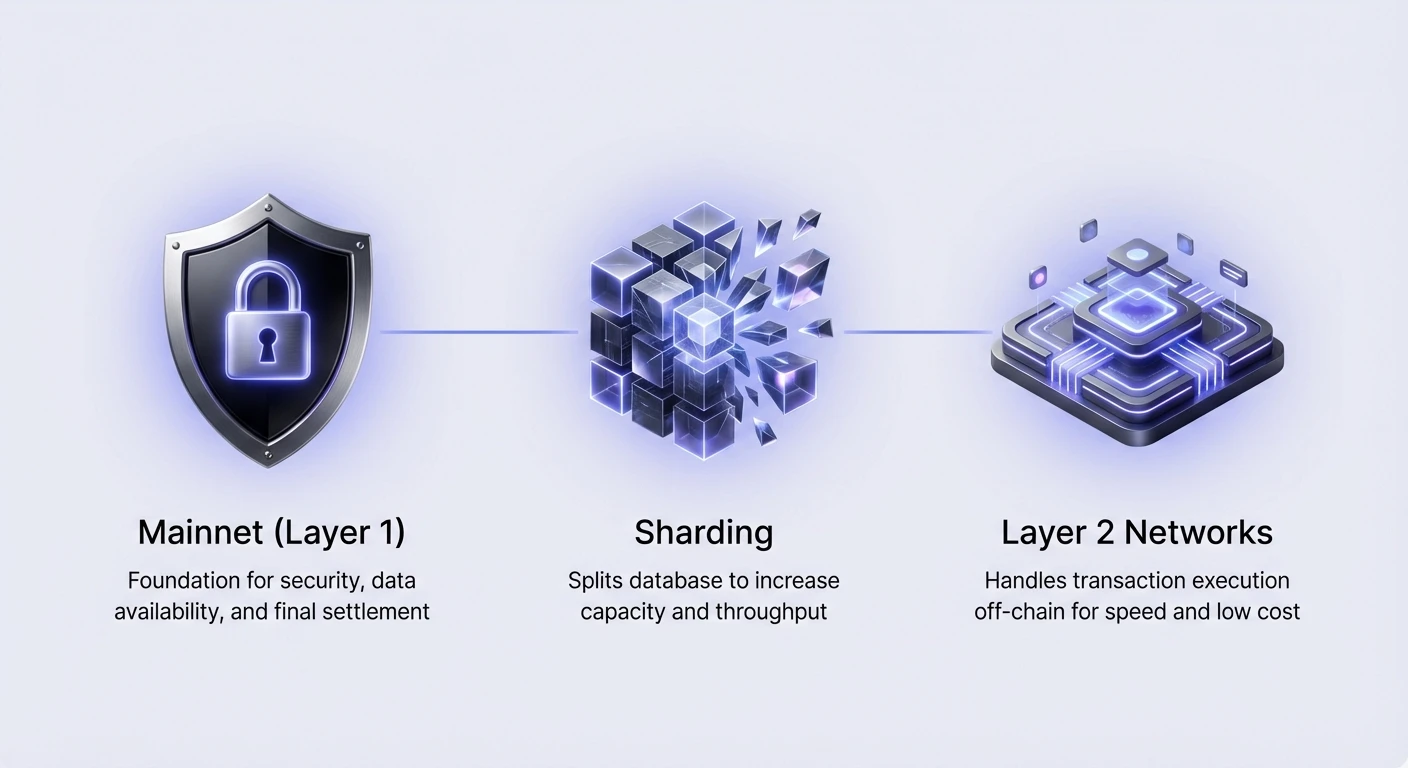 Infographic illustrating Ethereum's modular architecture: Mainnet as secure foundation, Sharding as data layer, and Layer 2 networks as execution layer for faster, cheaper transactions.