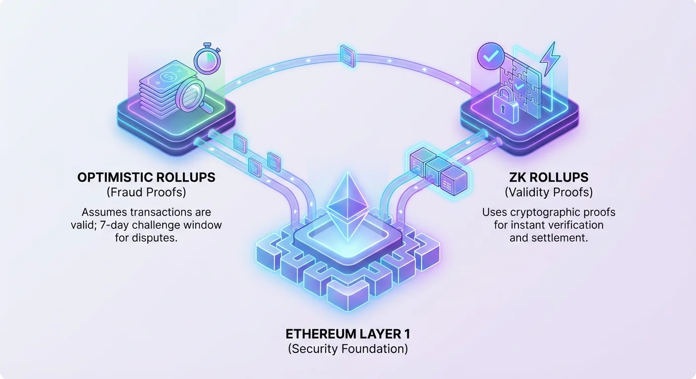 High-level diagram of Ethereum Layer 1 as security base with Optimistic Rollups using fraud proofs and 7-day challenges, and ZK Rollups using validity proofs for instant verification, both posting compressed data to L1.