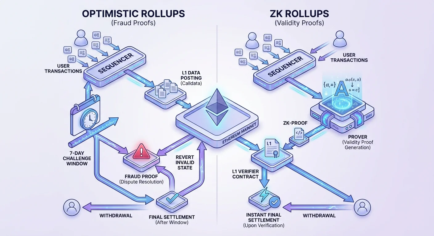 Side-by-side infographic comparing Optimistic Rollups (left: sequencer, 7-day fraud proof challenge) and ZK Rollups (right: sequencer, prover, instant ZK-proof verification on Ethereum).