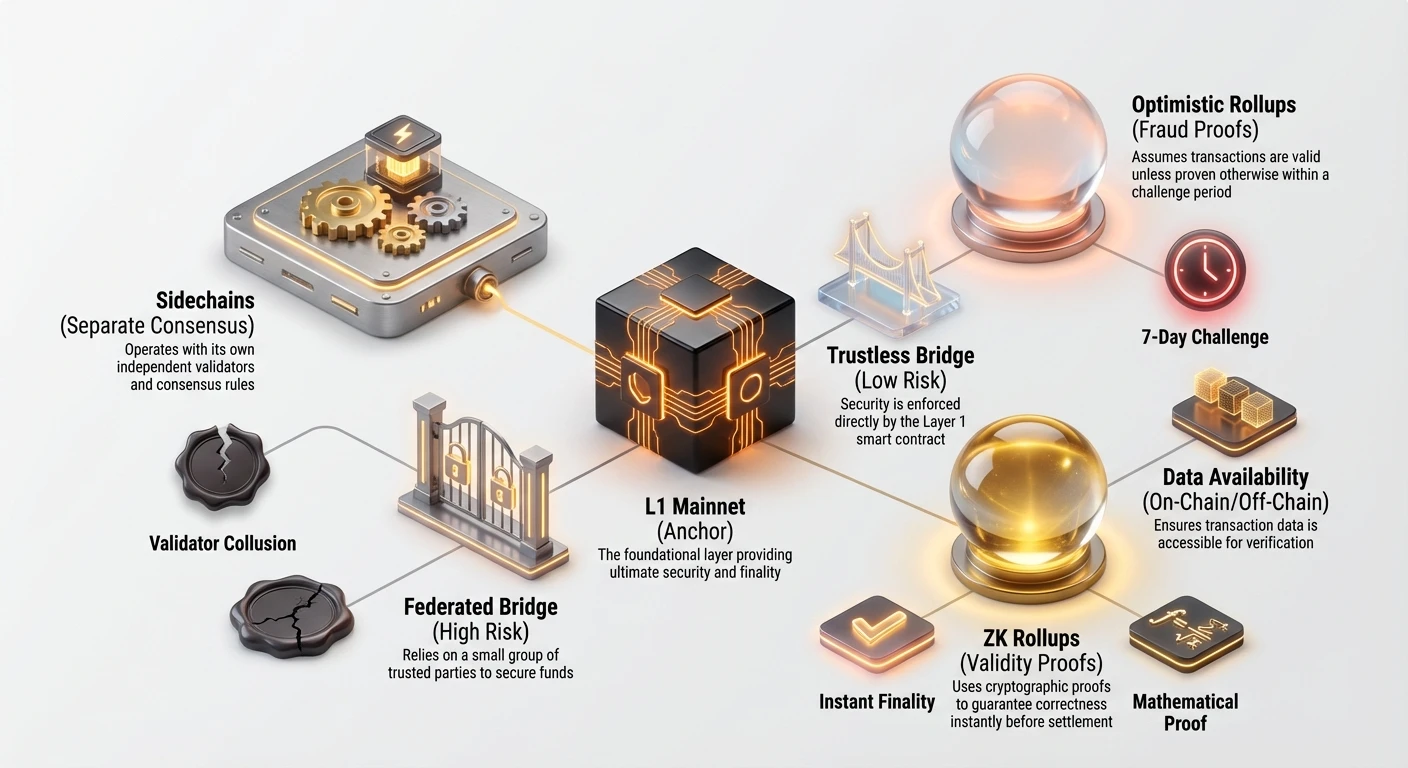 Detailed infographic comparing sidechains versus optimistic and ZK rollups on Layer 1 mainnet, highlighting mechanisms, risks, and trade-offs.