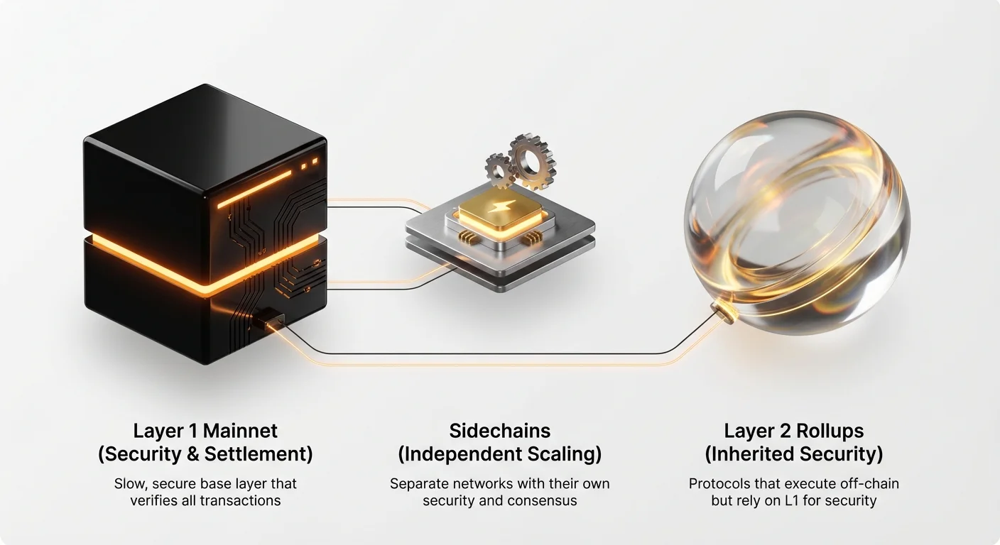 High-level infographic illustrating the fundamental relationships between Layer 1 mainnet, independent sidechains, and dependent Layer 2 rollups in blockchain scaling.