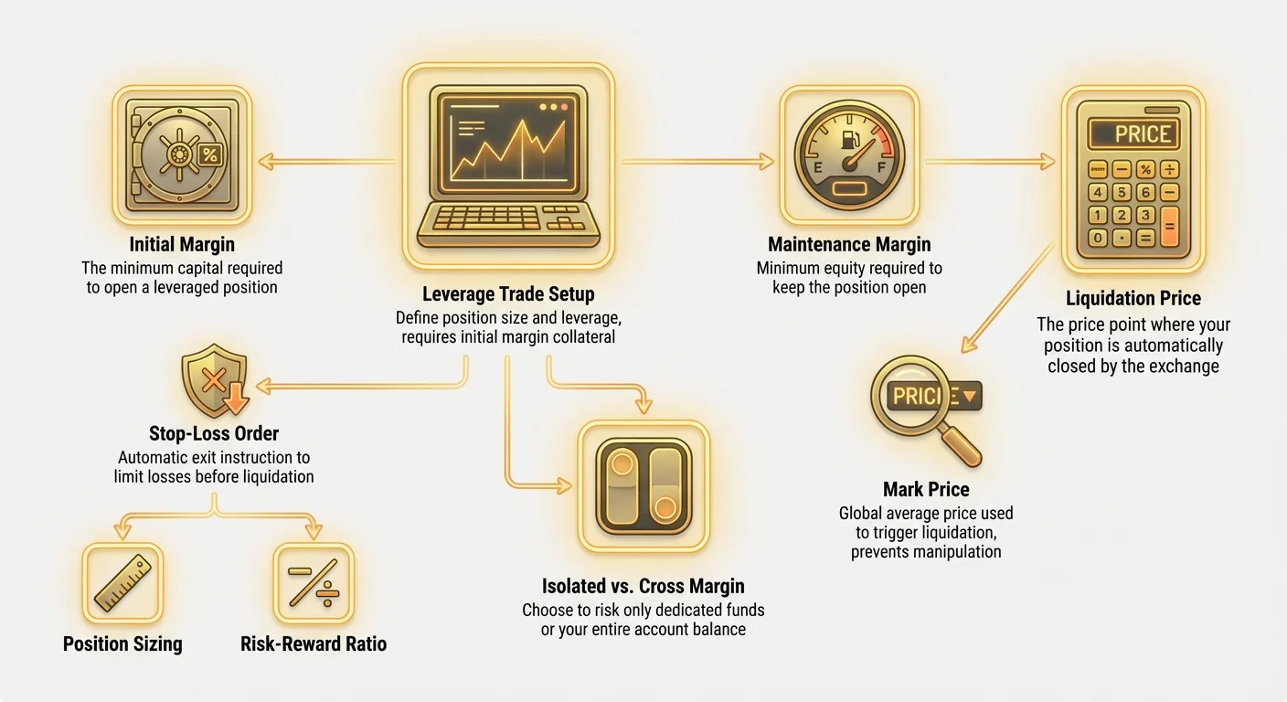 Detailed flowchart showing the full lifecycle of a leveraged trade, from initial setup and margin management to potential liquidation or controlled exit outcomes.