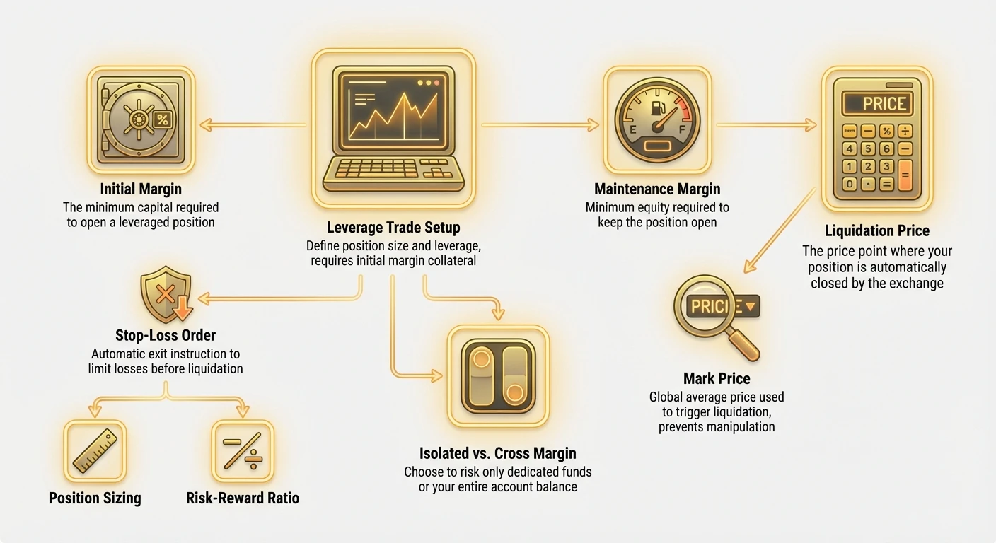 Detailed flowchart showing the full lifecycle of a leveraged trade, from initial setup and margin management to potential liquidation or controlled exit outcomes.