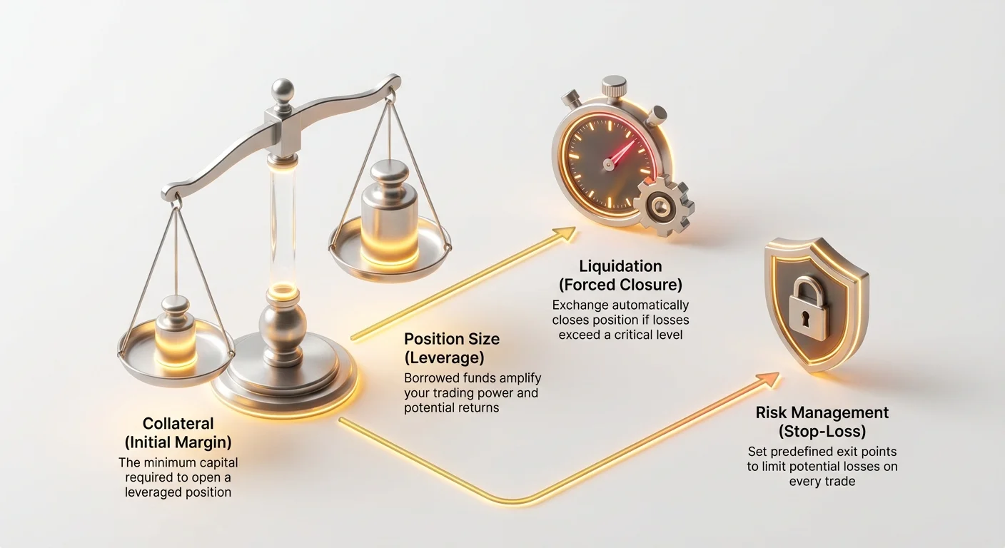 High-level infographic of leverage trading ecosystem, highlighting initial collateral, amplified position size, and essential risk management tools.