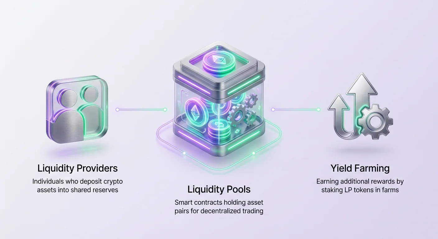 Clean minimal infographic introducing core concepts of liquidity provision and yield farming in leveraged strategies.
