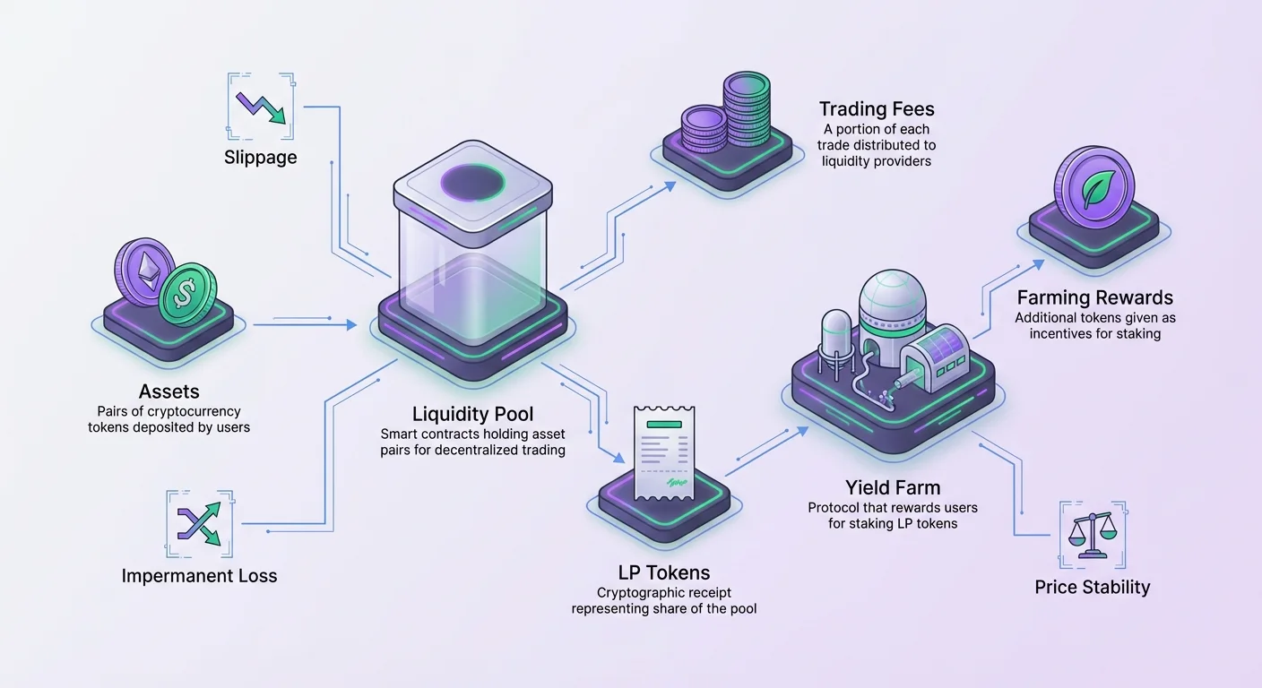 Detailed infographic diagram of leveraged yield farming ecosystem, from asset deposit to earning rewards, with photorealistic icons and digital blueprint overlay.