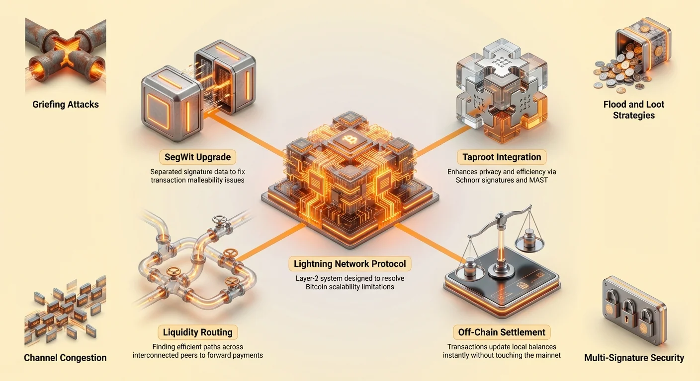 Hub-and-spoke infographic of Lightning Network protocol at center, connected to SegWit, Taproot, liquidity routing, off-chain settlement, and risks like griefing attacks and channel congestion.