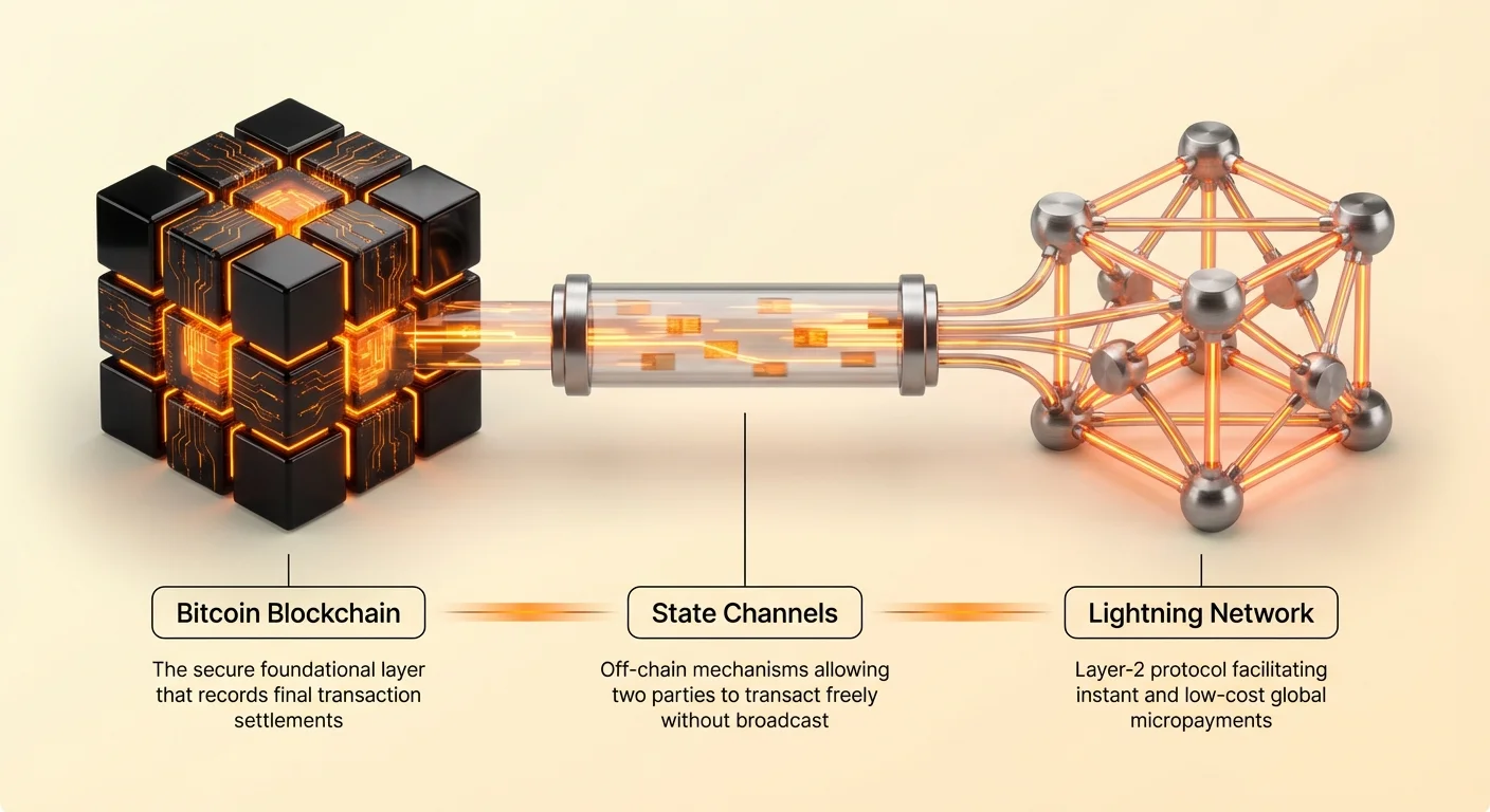 Infographic showing Bitcoin Blockchain as secure base layer, State Channels for off-chain transactions, and Lightning Network enabling instant low-cost micropayments.