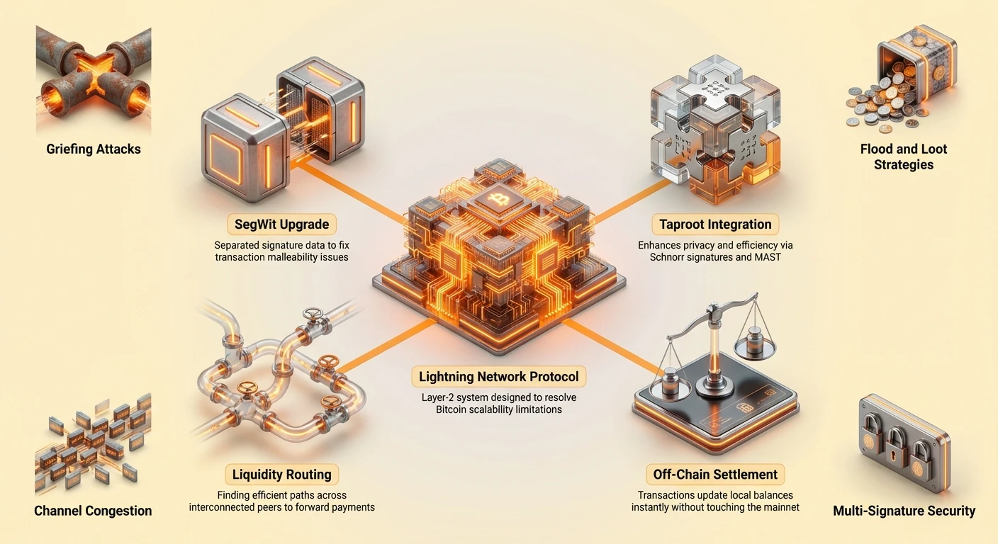 Hub-and-spoke infographic of Lightning Network protocol at center, connected to SegWit, Taproot, liquidity routing, off-chain settlement, and risks like griefing attacks and channel congestion.